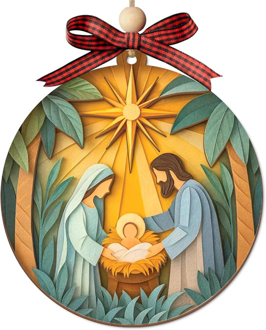 Nativity Christmas Ornament – Religious Holy Family Ornament with Bethlehem Star, Christian Christmas Tree Decoration, Layered 3D Style Ornament Gift for Christian Families