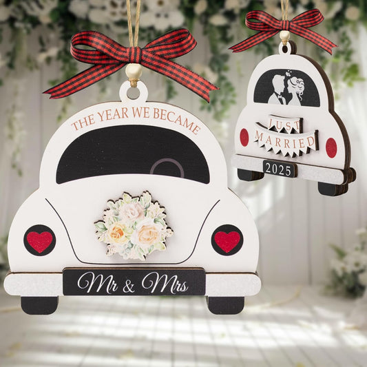 First Christmas Married Ornament 2025, 3D Wooden Double Side Just Married Ornaments, Wedding Gifts for Couples 2025,1St Xmars as Mr and Mrs Ornaments, Bride Broom Gift, for Newlywed