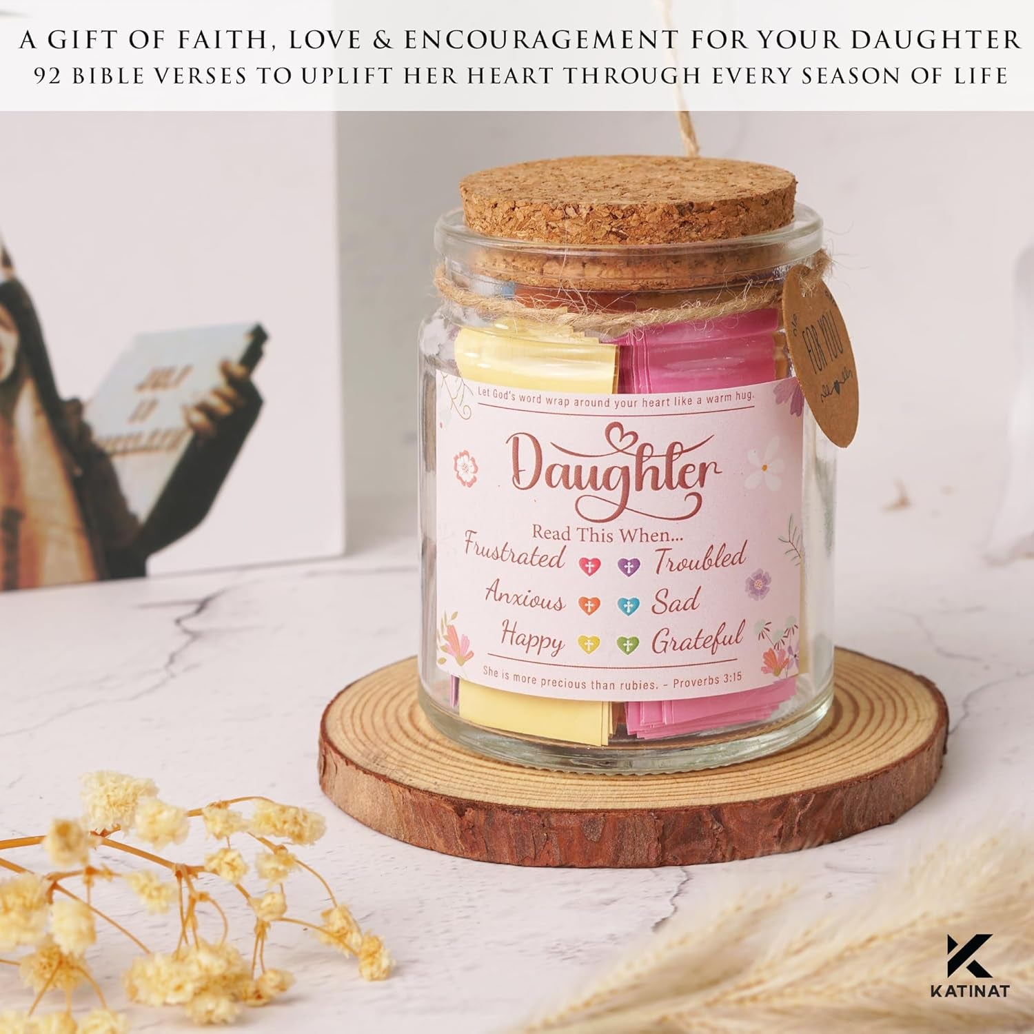 Bible Verse Jar for Daughter – 92 Color-Coded Scriptures of Encouragement, Birthday & Christmas Gift, Christian Keepsake, Daughter-In-Law Gift