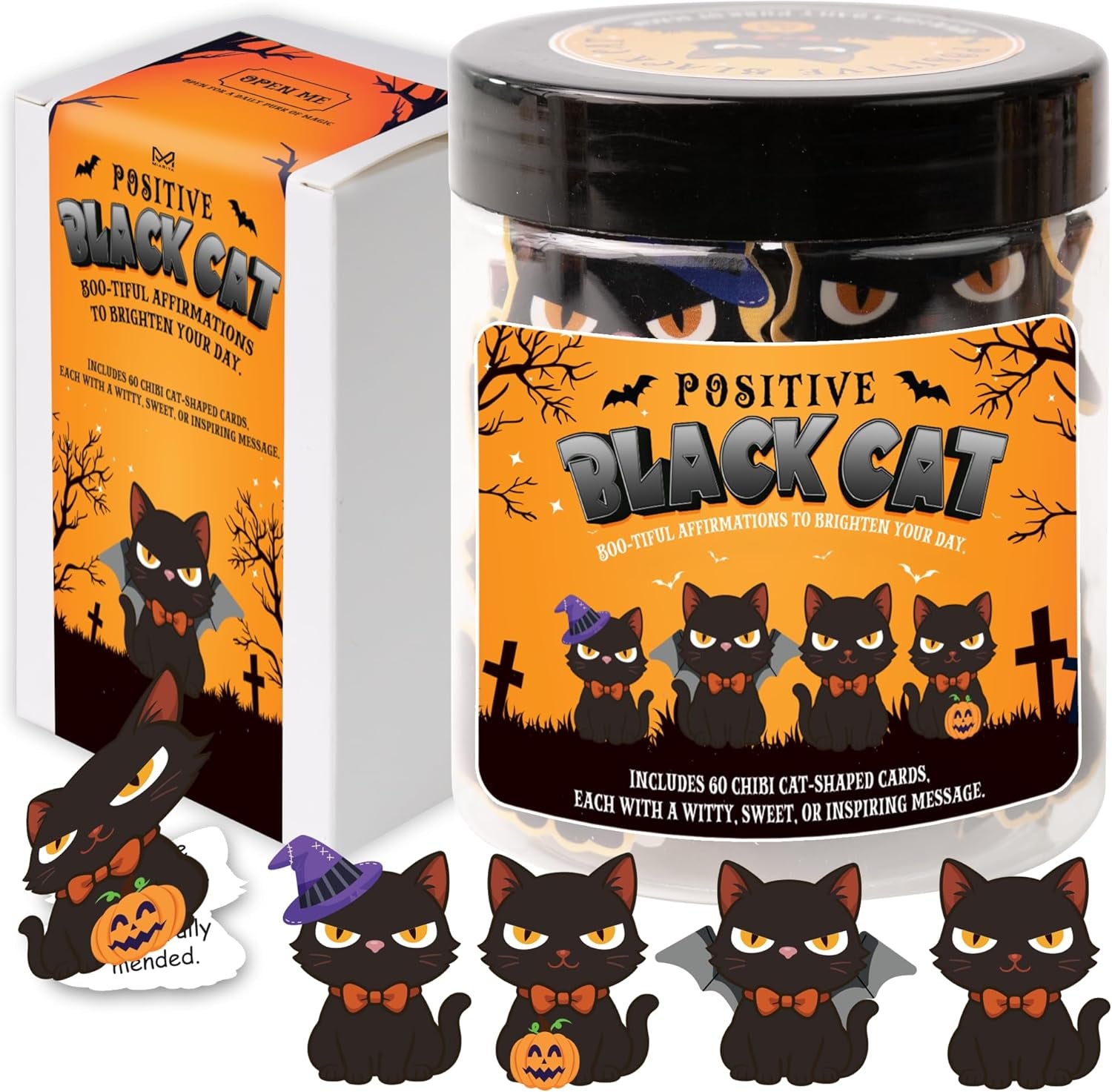 Positive Black Cat Jar, 60 Chibi Cat Affirmation Cards, for Women & Teens, Black Cat Lover Gifts, Inspirational Jar for Daily Positivity, Halloween Basket Stuffers