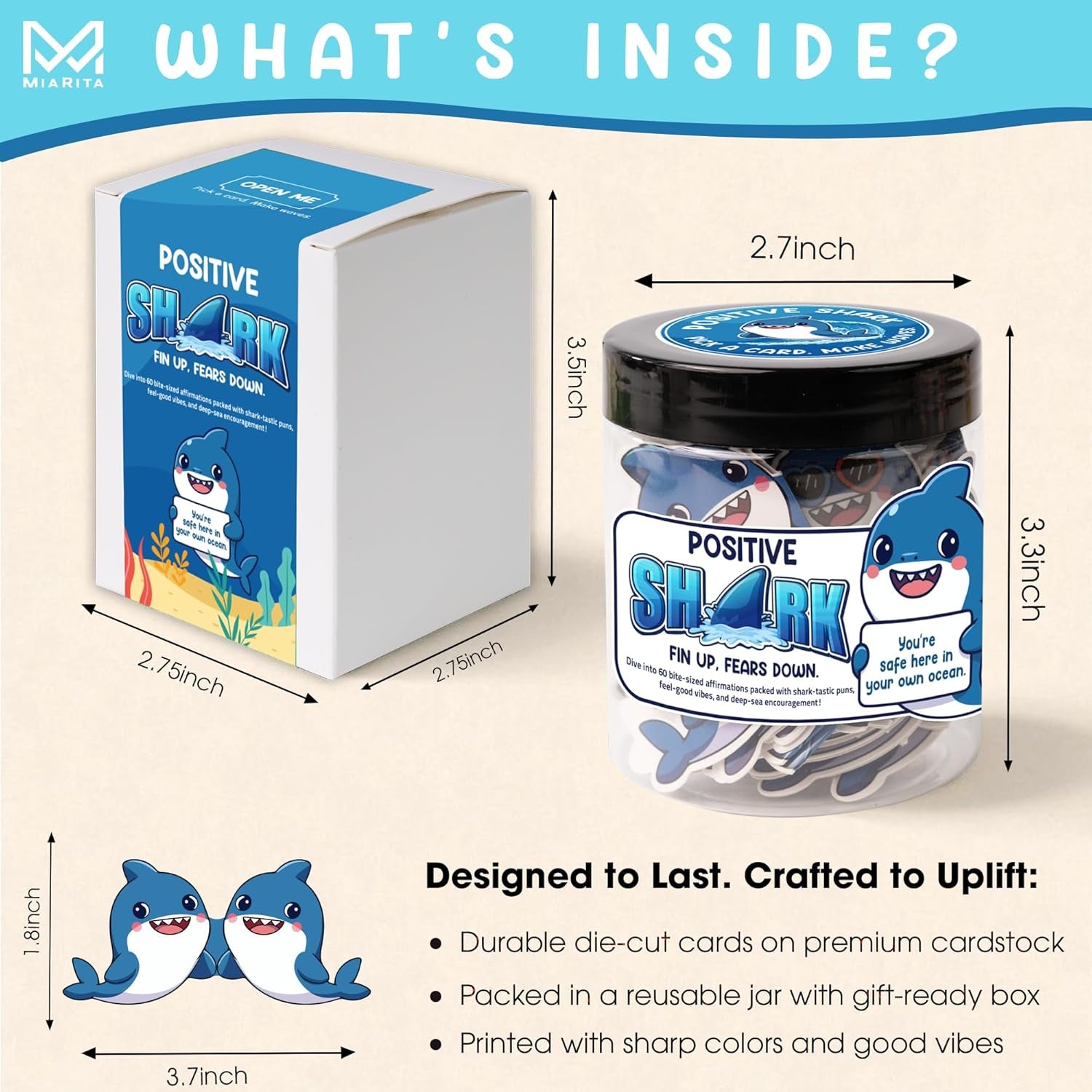 Positive Shark Jar, 60 Emotional Support Shark Cards, Get Well Soon Gifts for Men, Shark Stuffed Animal Decorations and Stuff, Encouragement Sea Animals Present with Comfort Support Message
