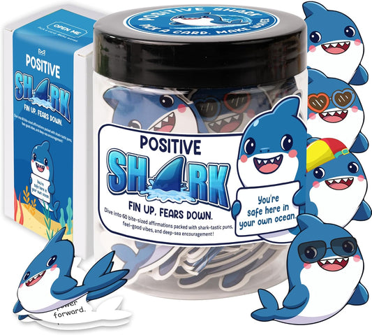Positive Shark Jar, 60 Emotional Support Shark Cards, Get Well Soon Gifts for Men, Shark Stuffed Animal Decorations and Stuff, Encouragement Sea Animals Present with Comfort Support Message