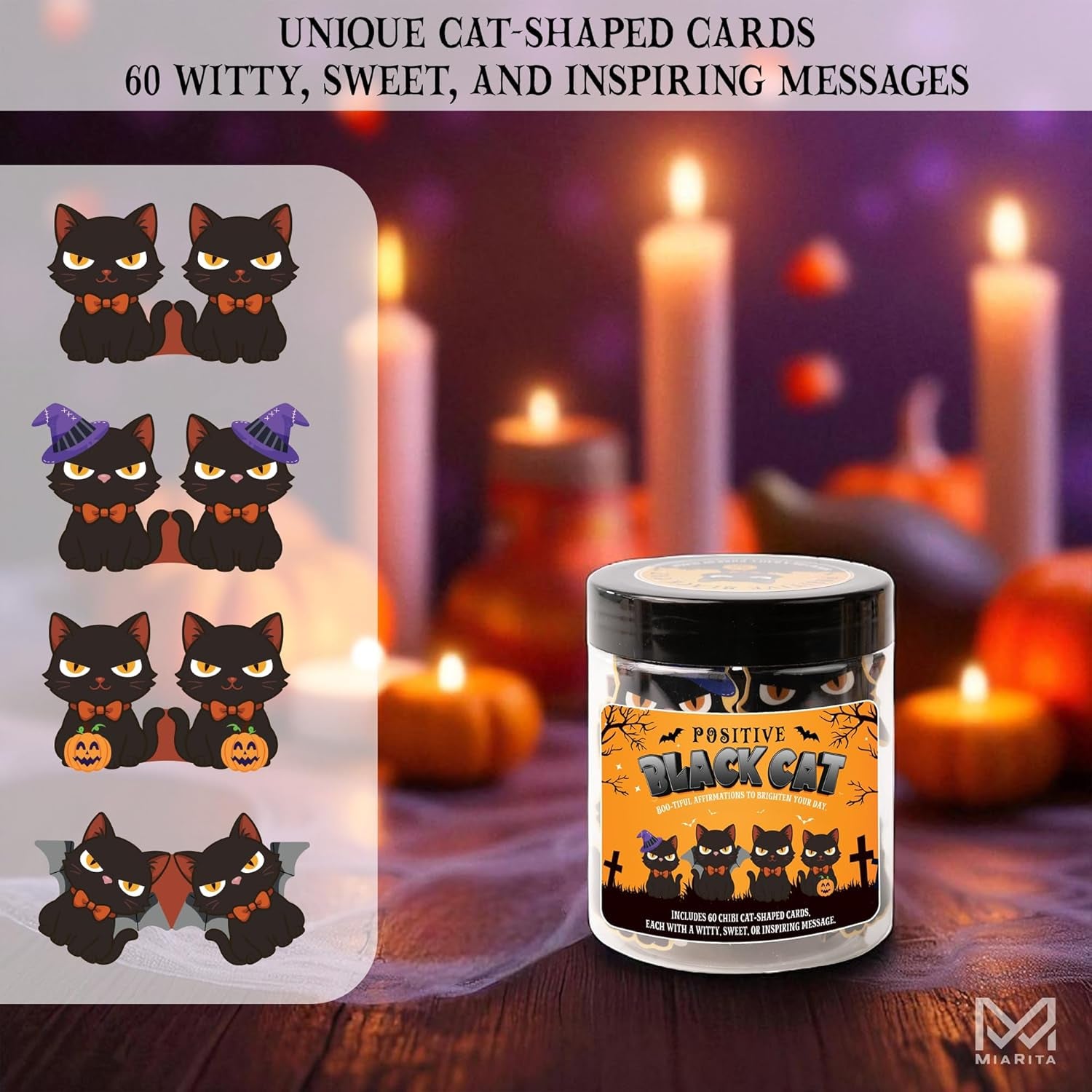 Positive Black Cat Jar, 60 Chibi Cat Affirmation Cards, for Women & Teens, Black Cat Lover Gifts, Inspirational Jar for Daily Positivity, Halloween Basket Stuffers