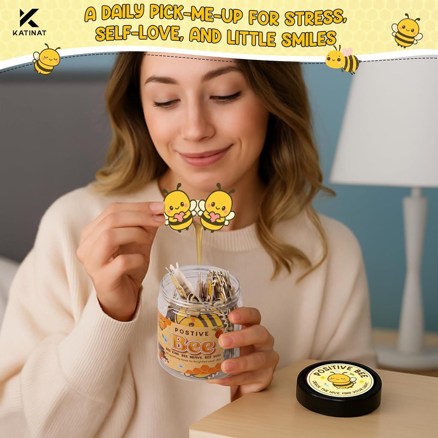 Positive Bee Jar – 60 Cute Bee Affirmation Cards for Women, Teachers, Grandma, Inspirational Gifts for Stress Relief, Self-Care, Birthday, Desk Decor for Bee Lovers (Positive Bee)