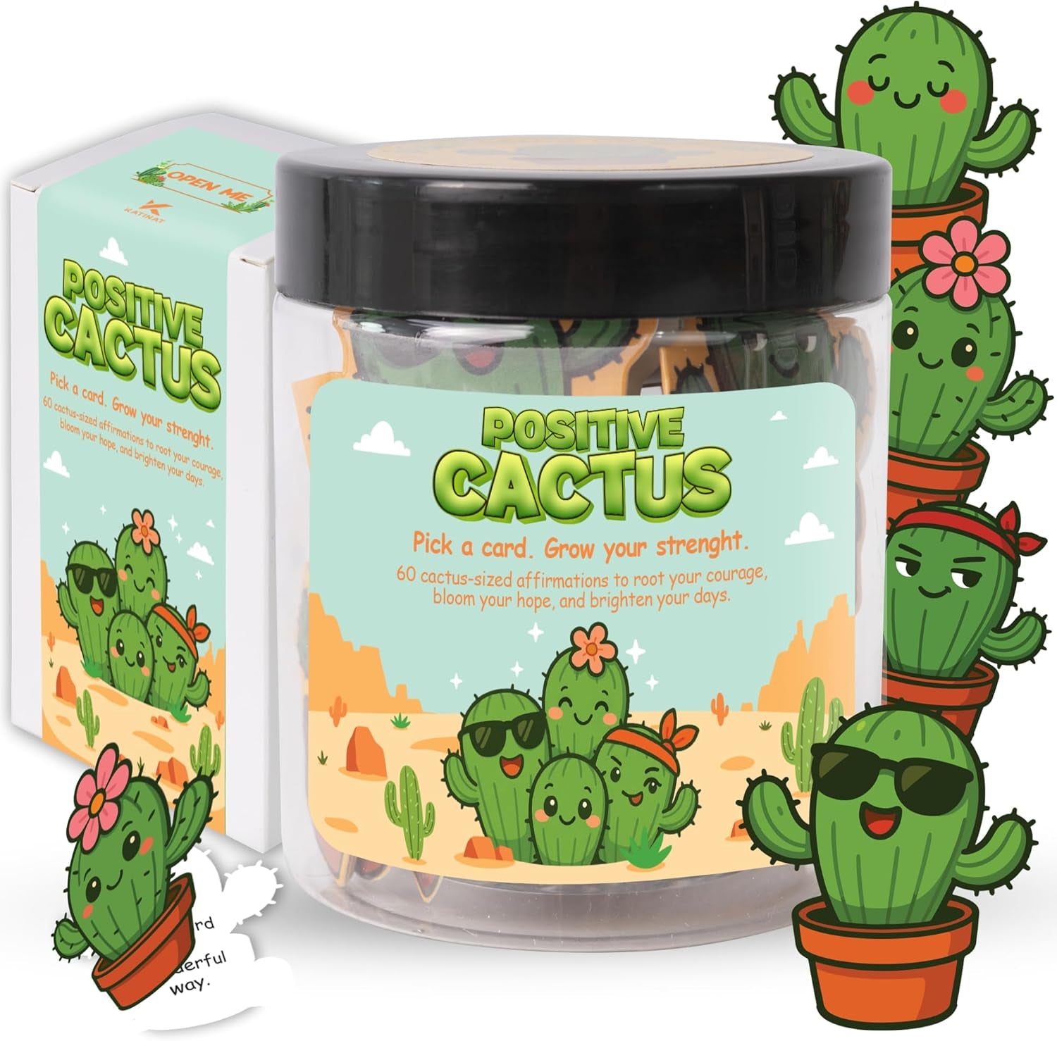 Emotional Supports Jar, Desk Accessories, Relaxation Gifts, Coworker Gifts for Women, Great Gift for Boss, Teacher, Friends (Positive Cactus)
