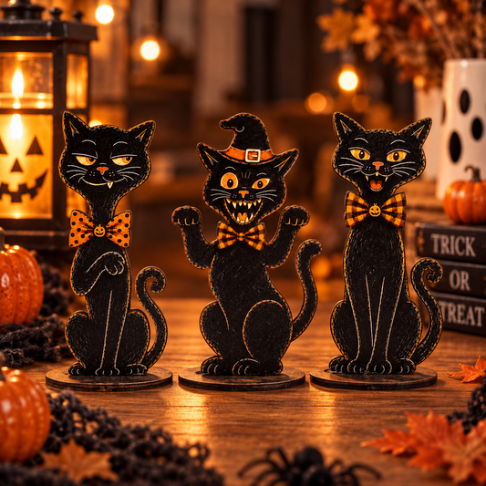 Vintage Black Cat Halloween Tabletop Decor Set