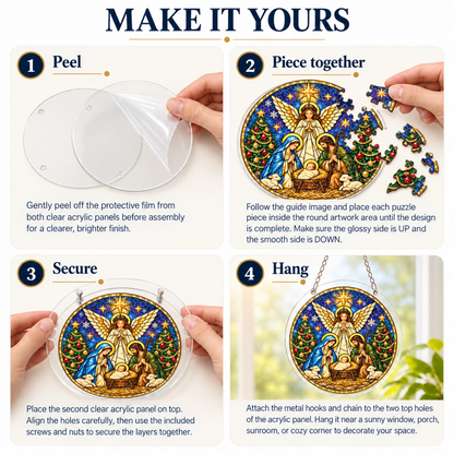 Nativity Scene Puzzle Suncatcher – Christian Christmas Window Hanging Decor 8.9 in