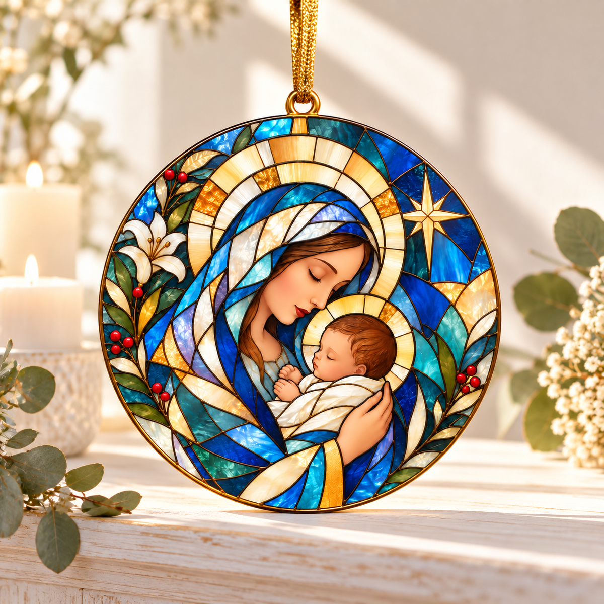 Stained Glass Virgin Mary & Baby Jesus Ornament
