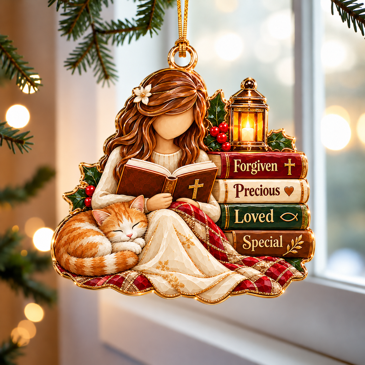 Christian Cat Lover Christmas Ornament – Faith & Cozy Reading Gift