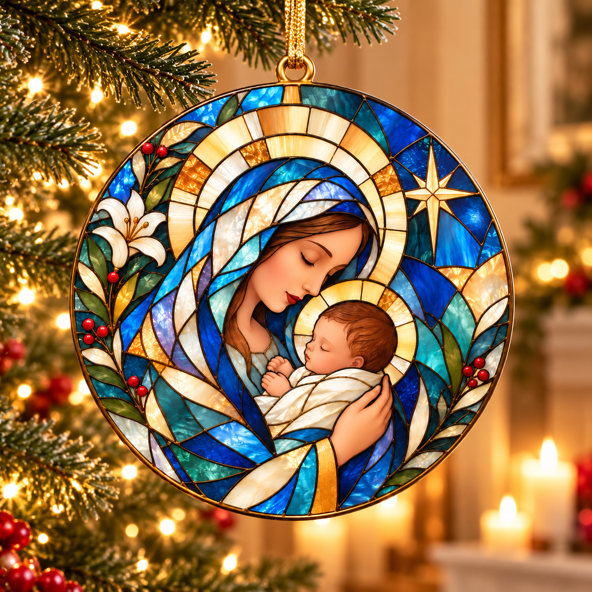 Stained Glass Virgin Mary & Baby Jesus Ornament