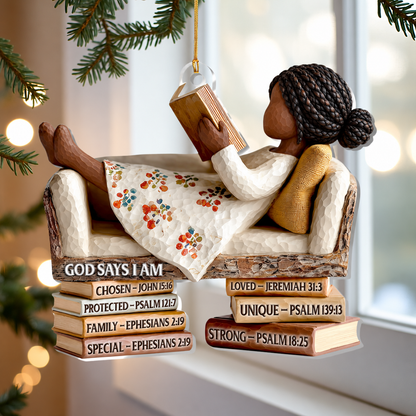 Black Woman Cozy Bible Reading Christmas Ornament
