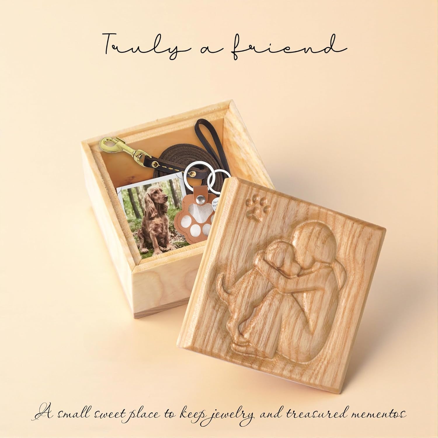 Hand-Carved Wooden Friendship Keepsake Box, Sculpted Hand-Painted Keepsake Box Forever True, Forever Friends, Holds Jewelry and Treasures (- KL Mother & Dog Box)
