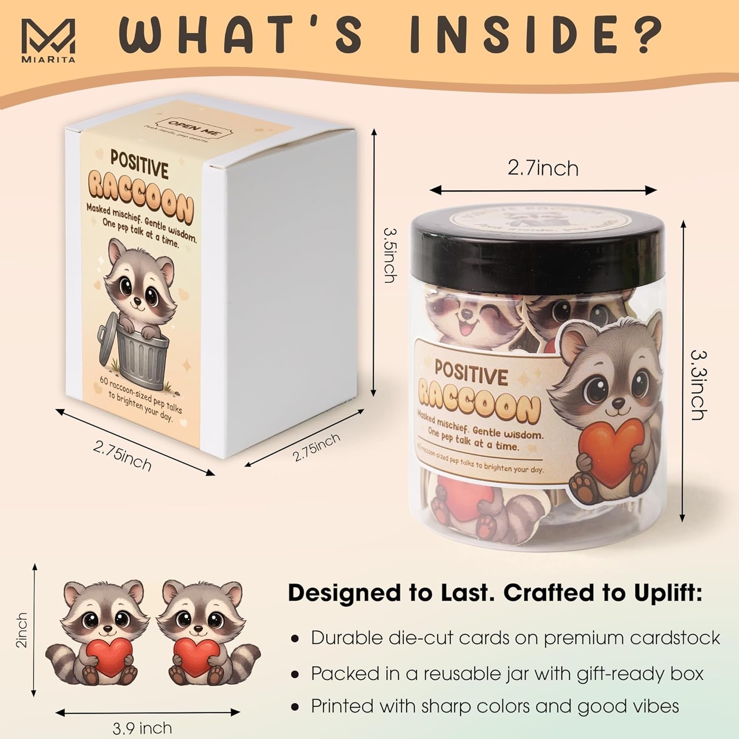 Positive Raccoon Jar – 60 Positive Affirmation Cards for Women, Mindfulness Cards, Stress Relief & Self Care Gifts for Women, Teen Girl, Birthday Gift for Her, Friendship Gift, Raccoon Gifts