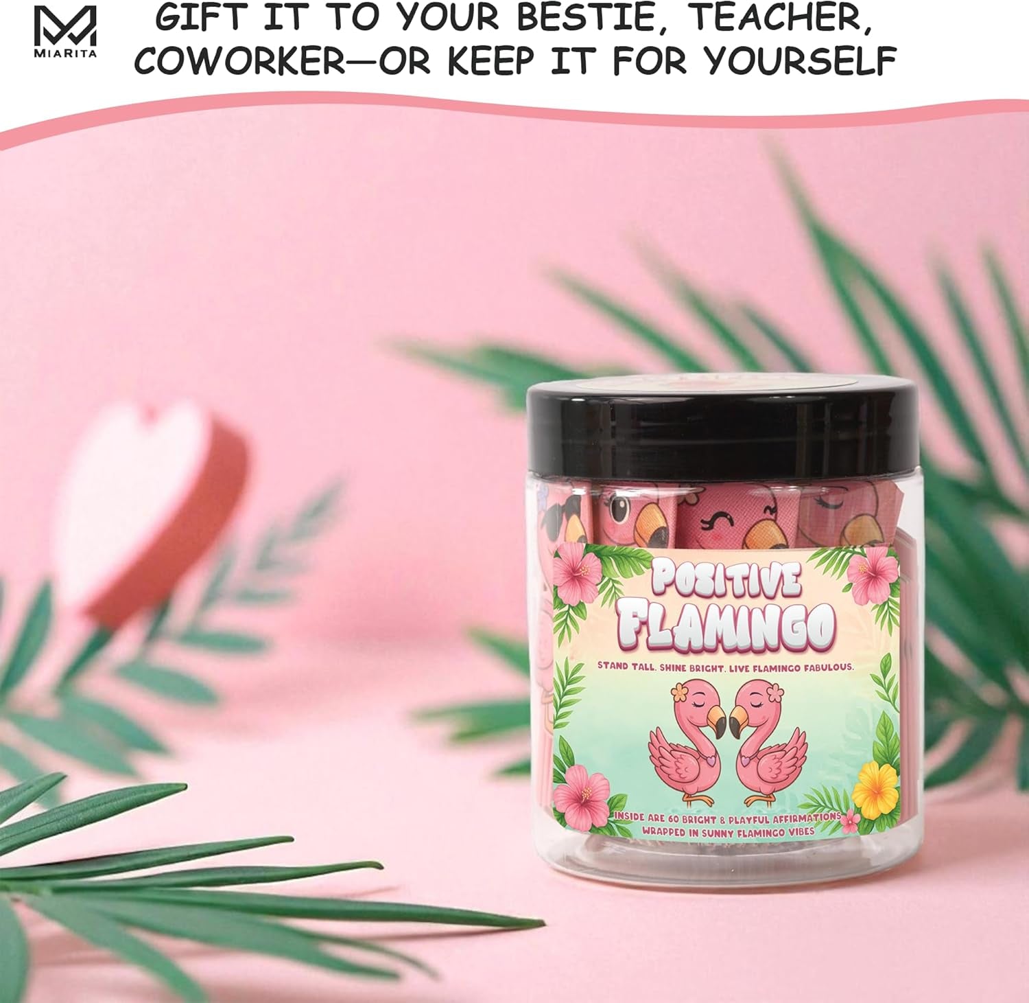 Positive Flamingo Jar – 60 Affirmation Cards for Anxiety & Self Care, Flamingo Gifts for Women, Teens & Sister, Friends, Cards to Reduce Anxiety & Increase Relaxation, White Elephant Gifts