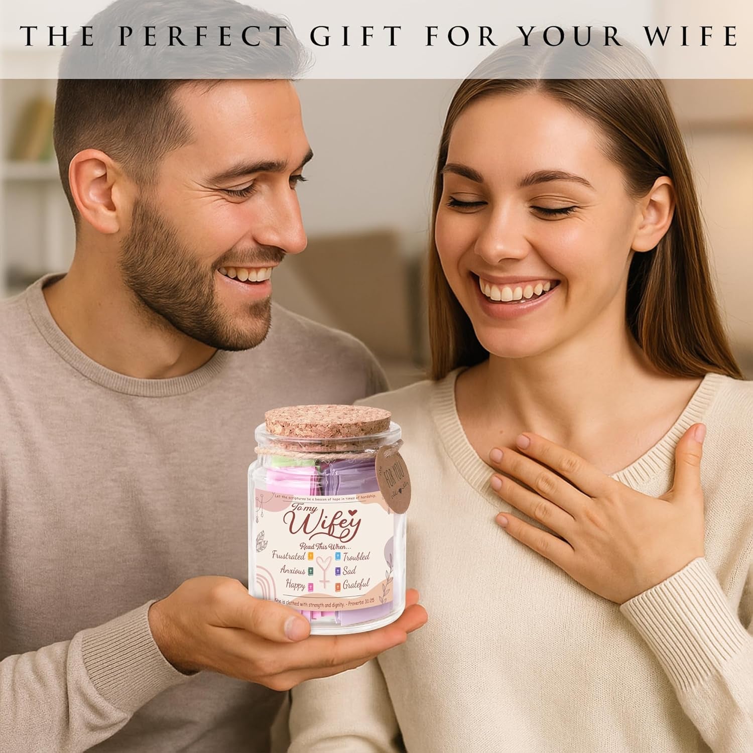 Bible Verse Jar for Wife – 92 Inspirational Scriptures by Emotion, Christian Gift from Husband to Wifey, Encouragement Jar for Women, Romantic & Faith-Based Gift