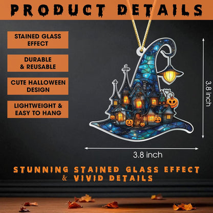 Witch Hats Ornament, Halloween Stained Glass Acrylic Ornaments, Halloween Party Supplies Indoor Outdoor Accessories, for Women, Basket Stuffers for Adults