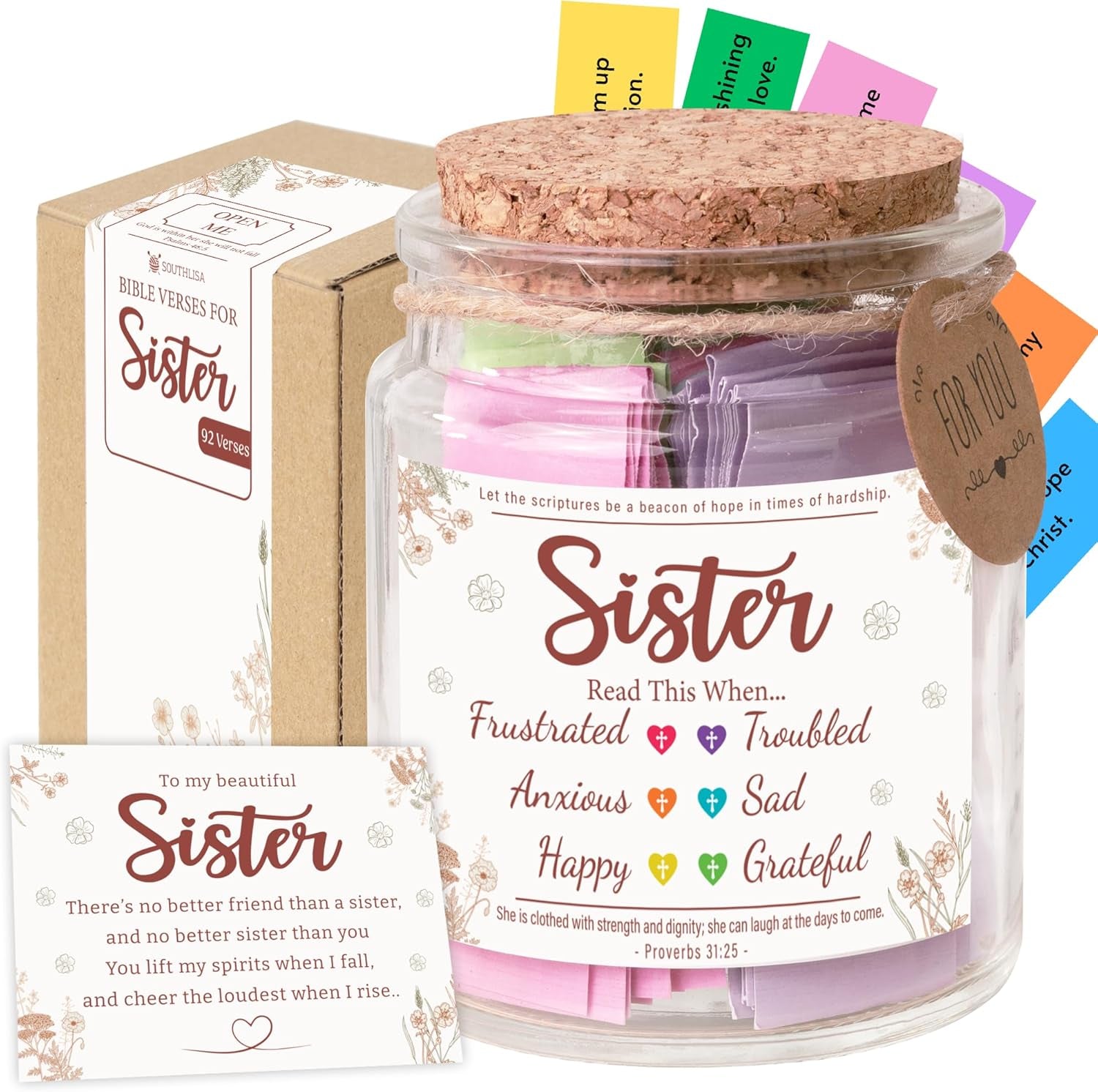 Bible Verse Jar for Sister – 92 Color-Coded Scriptures of Encouragement, Birthday and Christmas Gift for Sister, Christian Gifts for Women, Inspirational Jar, Meaningful Present from Sister