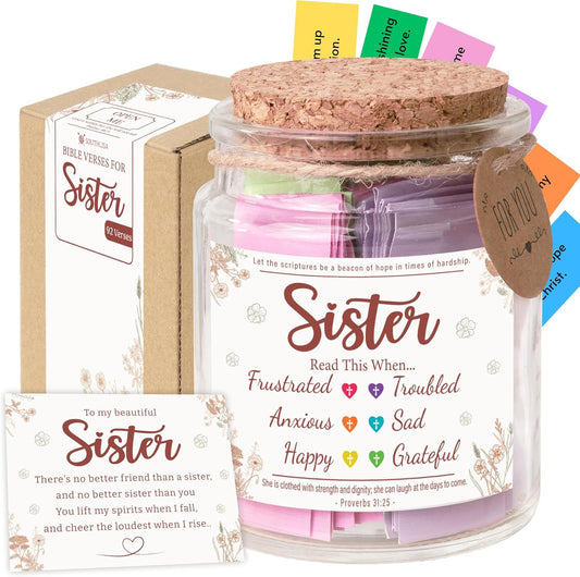 Bible Verse Jar for Sister – 92 Color-Coded Scriptures of Encouragement, Birthday and Christmas Gift for Sister, Christian Gifts for Women, Inspirational Jar, Meaningful Present from Sister