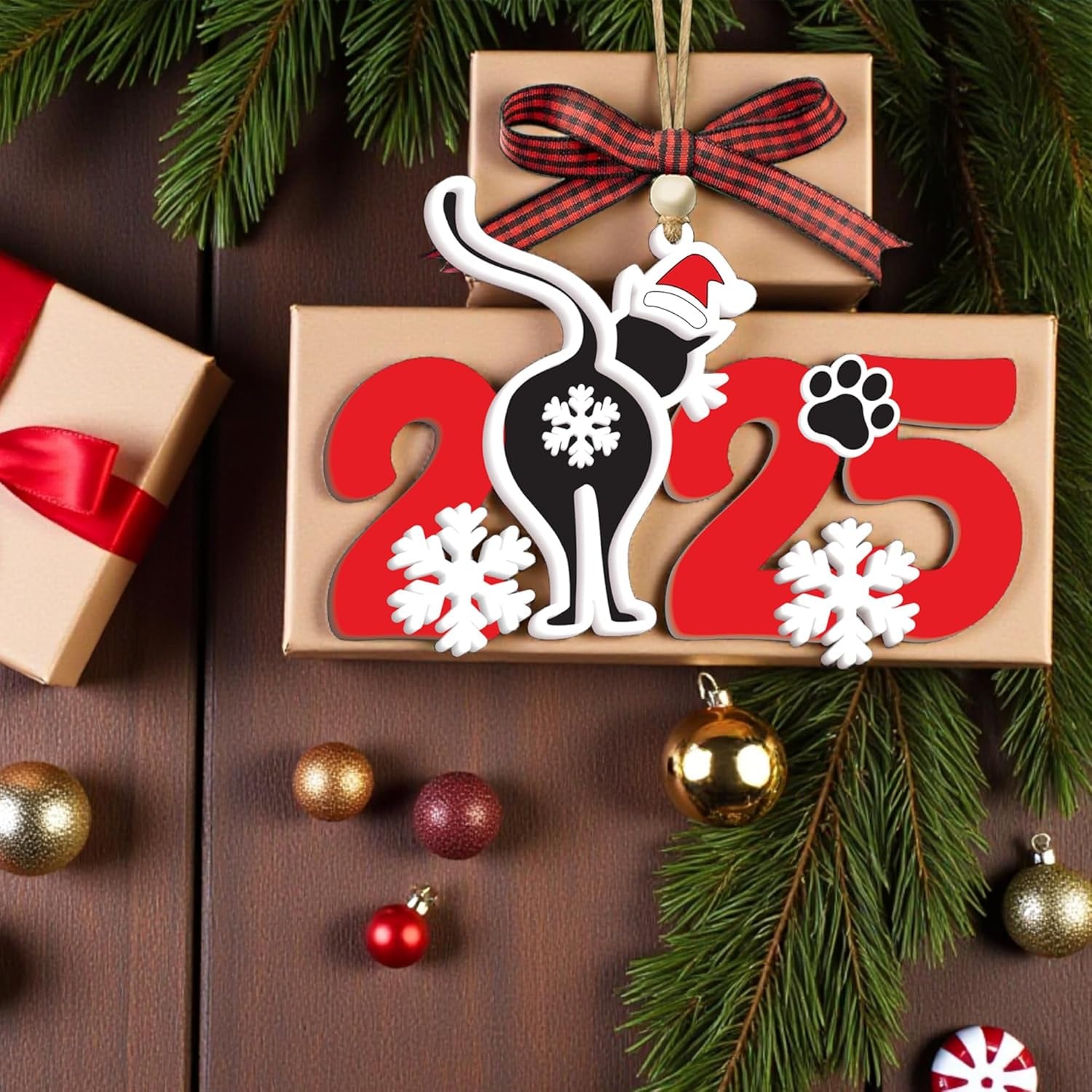 Christmas Ornament 2025 - Ornaments for Christmas Tree, Christmas Tree Ornament, Acrylic Christmas Ornaments, Suncatcher Effect Stained Glass Window Hanging (- Cat 2025 Ornament)