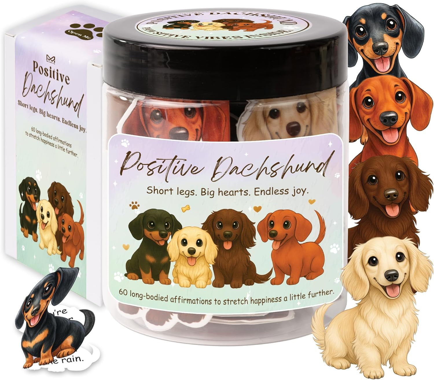 Positive Dachshund Jar – 60 Positive Affirmation Cards for Women, Mindfulness Cards, Stress Relief & Self Care Gifts for Women, Teen Girl, Birthday Gift for Her, Friendship Gift, Dachshund Gifts