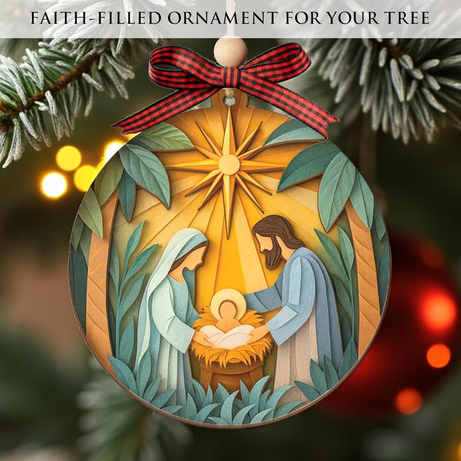 Nativity Christmas Ornament – Religious Holy Family Ornament with Bethlehem Star, Christian Christmas Tree Decoration, Layered 3D Style Ornament Gift for Christian Families