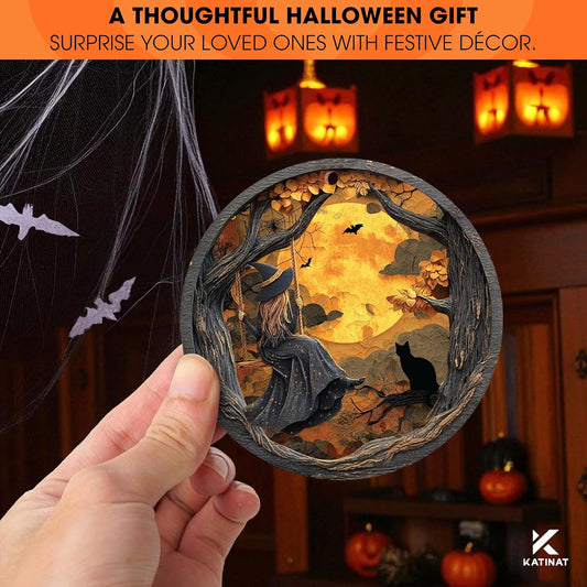 2-Layer Wood Girl and Black Cat Halloween Ornament, Halloween Suncatcher Ornaments Tree Decor, Hanging Cutouts for Trick or Treat Party Supplies, Indoor&Outdoor Holiday Party Decoration