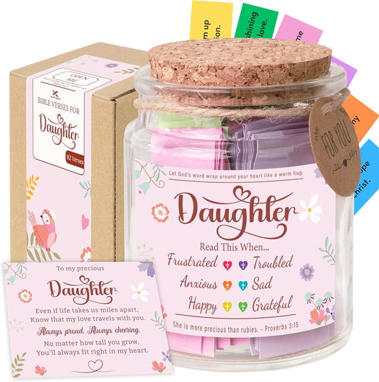 Bible Verse Jar for Daughter – 92 Color-Coded Scriptures of Encouragement, Birthday & Christmas Gift, Christian Keepsake, Daughter-In-Law Gift