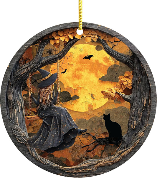 2-Layer Wood Girl and Black Cat Halloween Ornament, Halloween Suncatcher Ornaments Tree Decor, Hanging Cutouts for Trick or Treat Party Supplies, Indoor&Outdoor Holiday Party Decoration