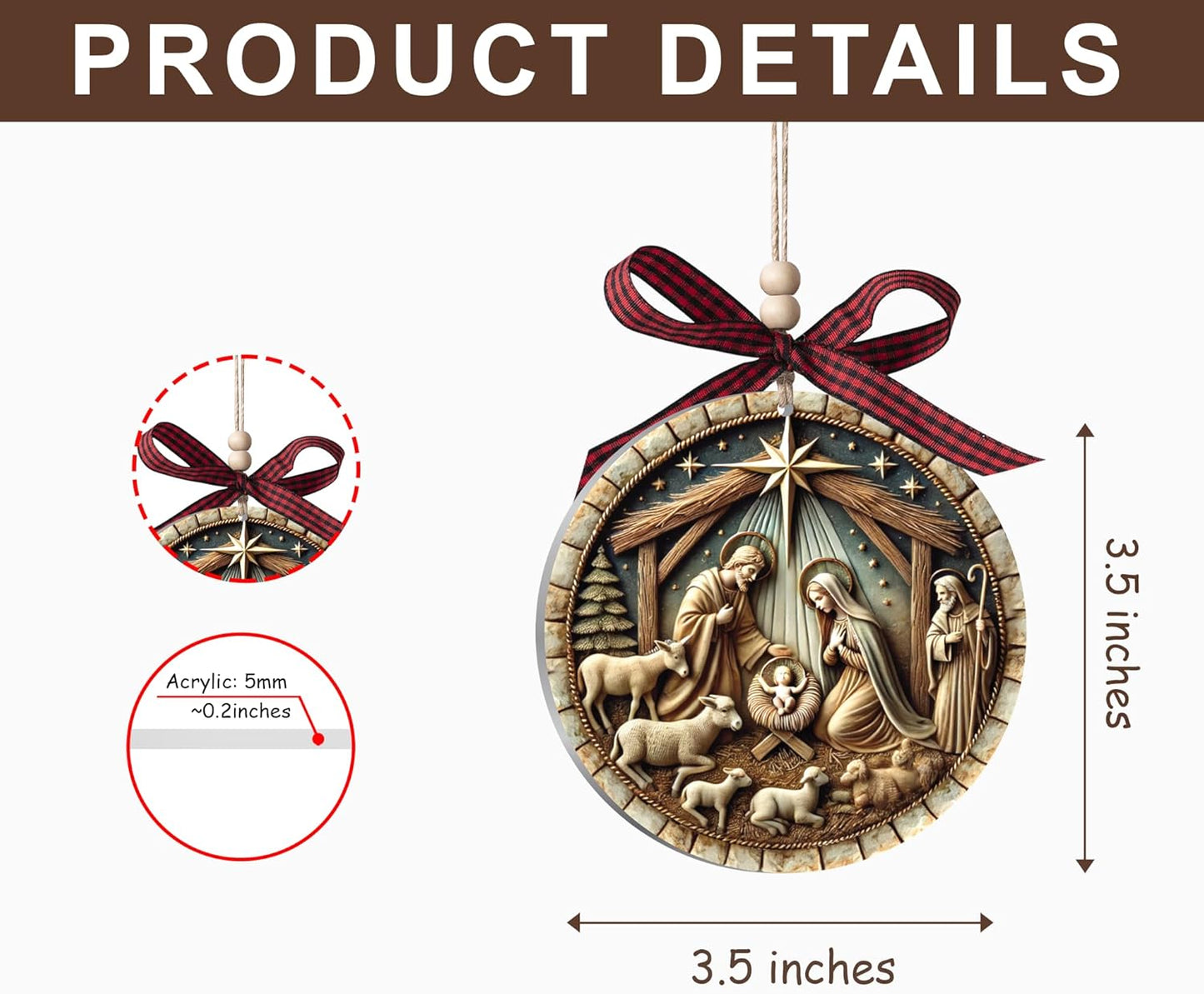 Nativity Ornaments - Religious Christian Christmas Tree Decorations, 3.5 Inch Acrylic Elegant Nativity Christmas Ornaments for Holiday Decor, Perfect Christian Ornaments for Christmas Tree (Style 1)