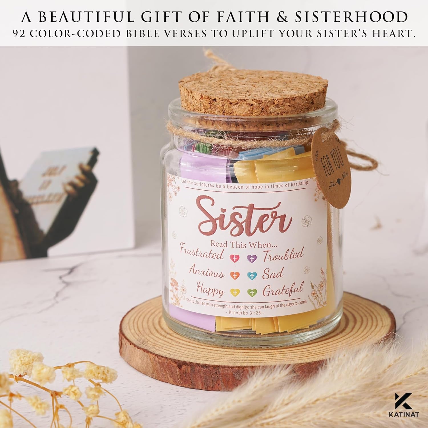 Bible Verse Jar for Sister – 92 Color-Coded Scriptures of Encouragement, Birthday and Christmas Gift for Sister, Christian Gifts for Women, Inspirational Jar, Meaningful Present from Sister