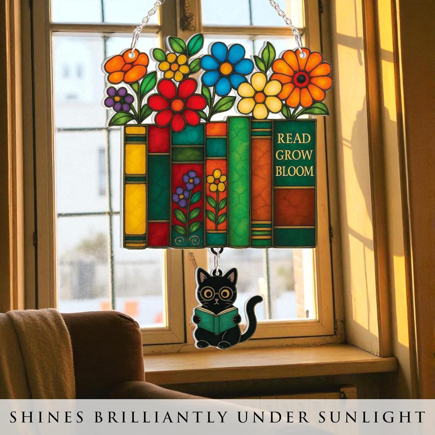 Book Ornament Stained Glass Window Hanging Acrylic, Teacher Back to School Gift, Bookish Gifts for Librarian, Book Lovers, Reader, Women, Suncatcher Effect Decor for Christmas Tree