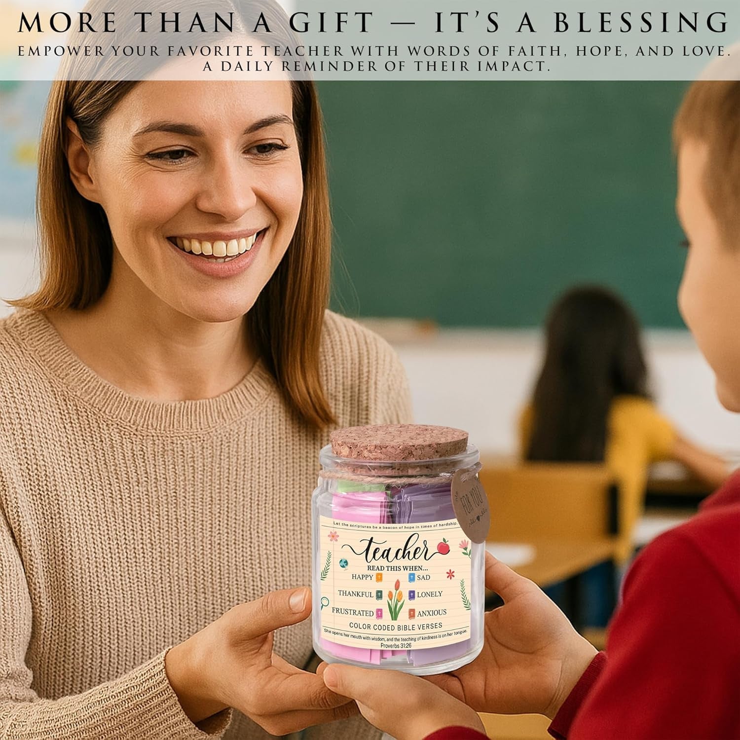 Bible Verse Jar for Teacher – 92 Color-Coded Scriptures, Christian Teacher Gift for Women, Encouraging Back to School Teacher Gifts, Inspirational Teacher Appreciation Present