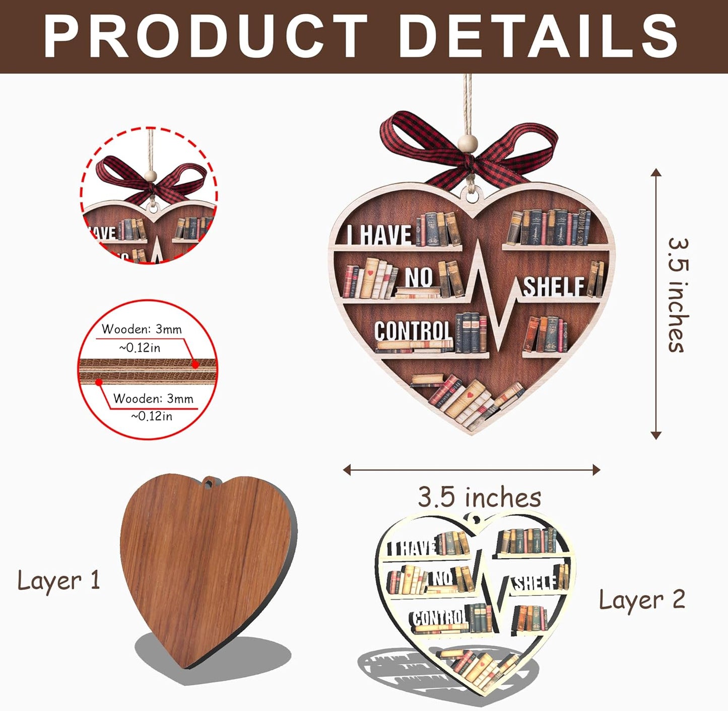 Book Ornament, 3D Wooden Book Ornaments for Christmas Tree, Book Lovers Gifts for Women, Bookish Gifts for Librarian, Reader, Reading Accessories, I Have No Shelf Control