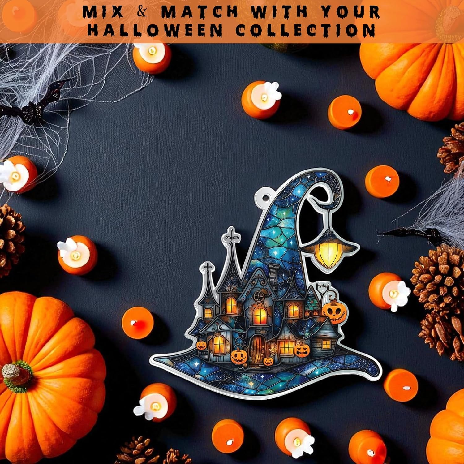 Witch Hats Ornament, Halloween Stained Glass Acrylic Ornaments, Halloween Party Supplies Indoor Outdoor Accessories, for Women, Basket Stuffers for Adults