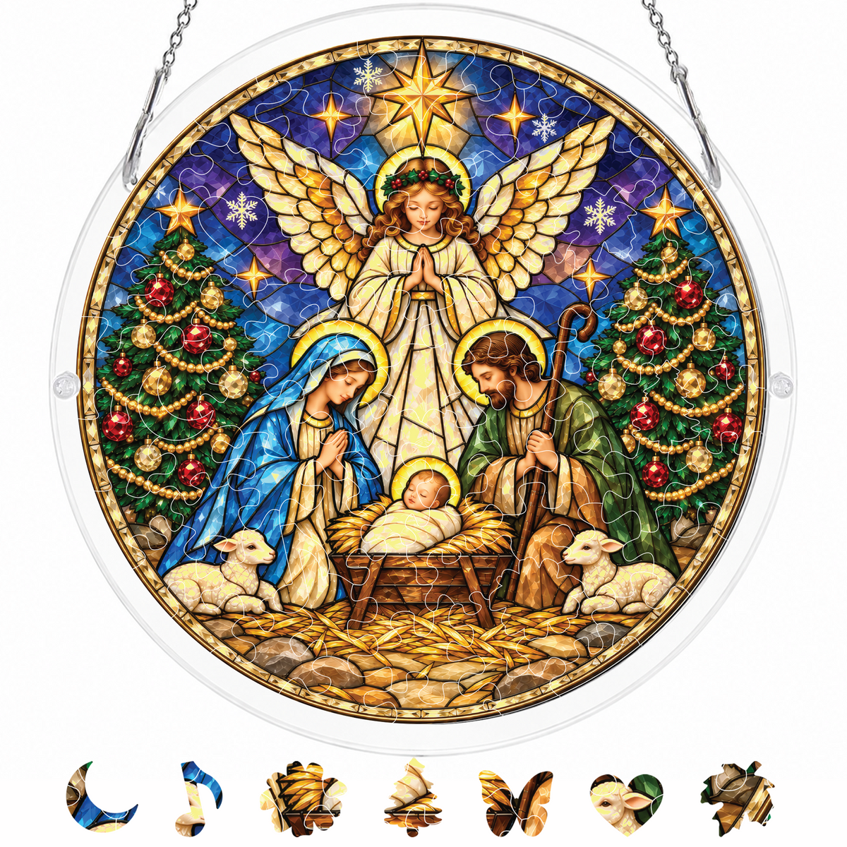 Nativity Scene Puzzle Suncatcher – Christian Christmas Window Hanging Decor 8.9 in