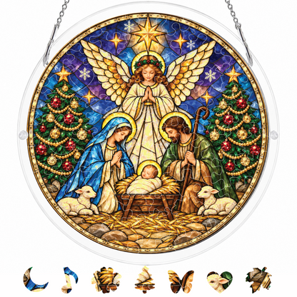 Nativity Scene Puzzle Suncatcher – Christian Christmas Window Hanging Decor 8.9 in
