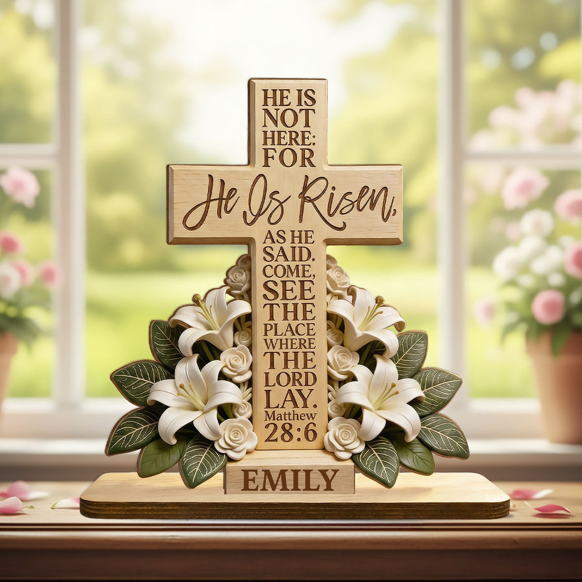 He Is Risen With Lillies - Personalized Wooden Plaque
