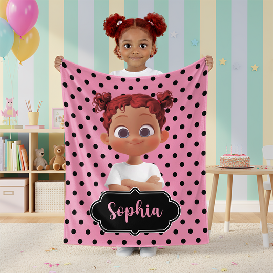 Polka Dots Cute Cartoon Little Girl - Personalized  Sherpa Blanket