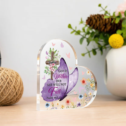 God Is Within Her She Will Not Fall - Personalized Heart Shape Acrylic Plaque