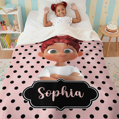 Polka Dots Cute Cartoon Little Girl - Personalized  Sherpa Blanket