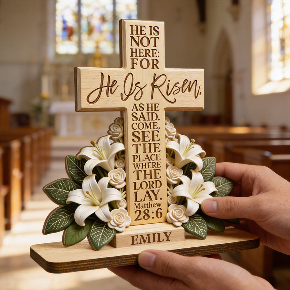 He Is Risen With Lillies - Personalized Wooden Plaque