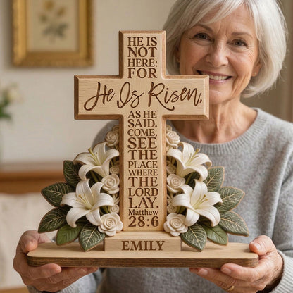 He Is Risen With Lillies - Personalized Wooden Plaque