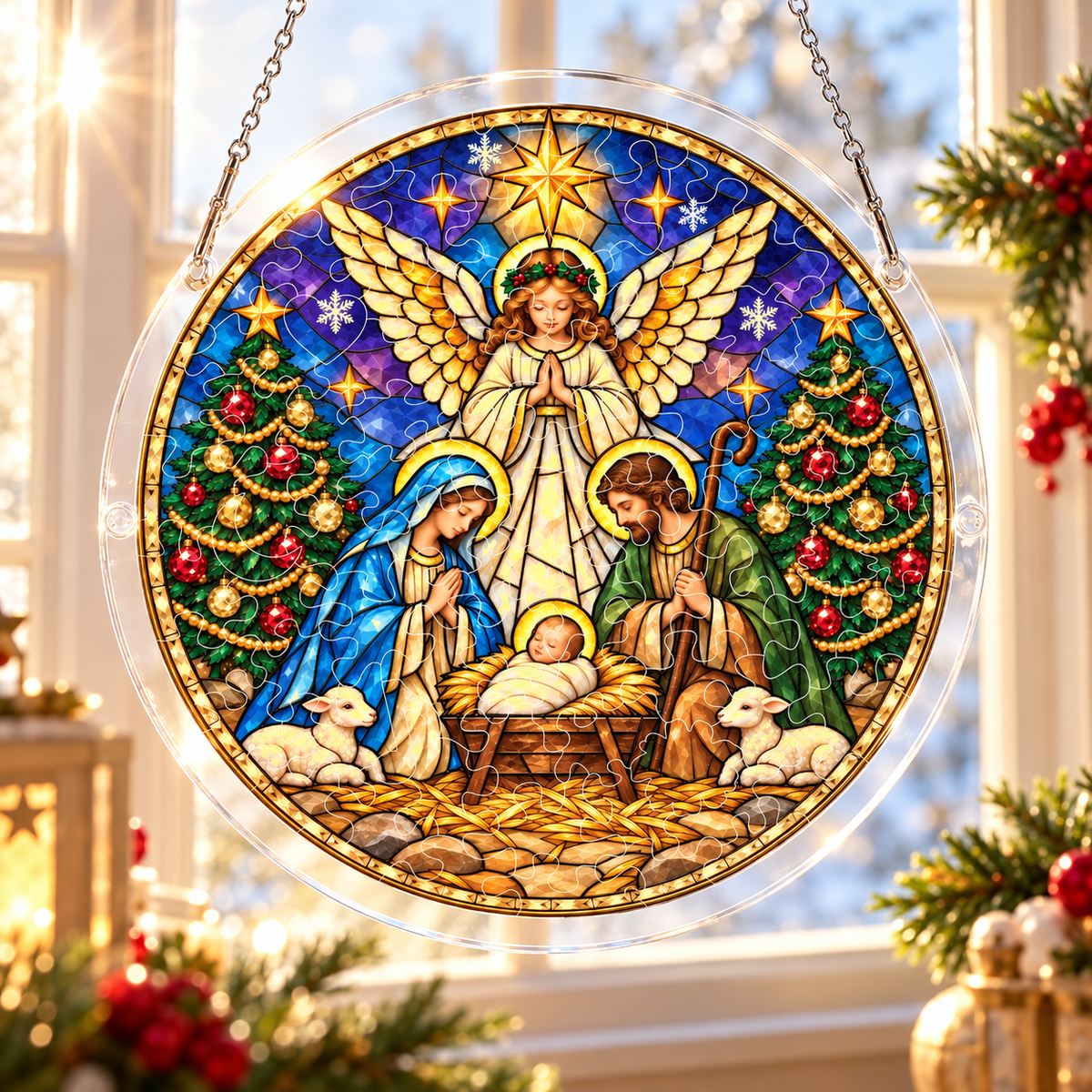 Nativity Scene Puzzle Suncatcher – Christian Christmas Window Hanging Decor 8.9 in