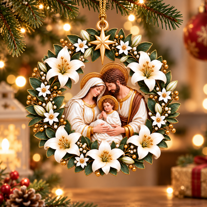 Holy Family Nativity Christmas Ornament – White Lily Wreath with Gold Star, Religious Christmas Tree Decoration