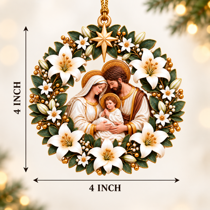 Holy Family Nativity Christmas Ornament – White Lily Wreath with Gold Star, Religious Christmas Tree Decoration