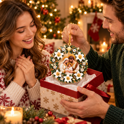 Holy Family Nativity Christmas Ornament – White Lily Wreath with Gold Star, Religious Christmas Tree Decoration