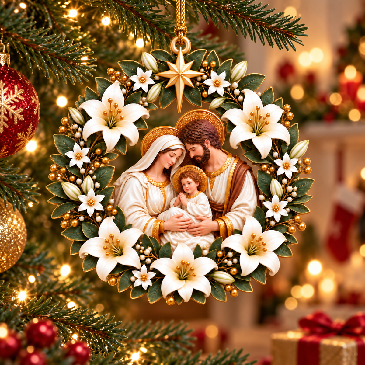 Holy Family Nativity Christmas Ornament – White Lily Wreath with Gold Star, Religious Christmas Tree Decoration