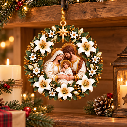 Holy Family Nativity Christmas Ornament – White Lily Wreath with Gold Star, Religious Christmas Tree Decoration