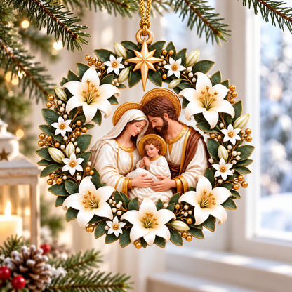 Holy Family Nativity Christmas Ornament – White Lily Wreath with Gold Star, Religious Christmas Tree Decoration