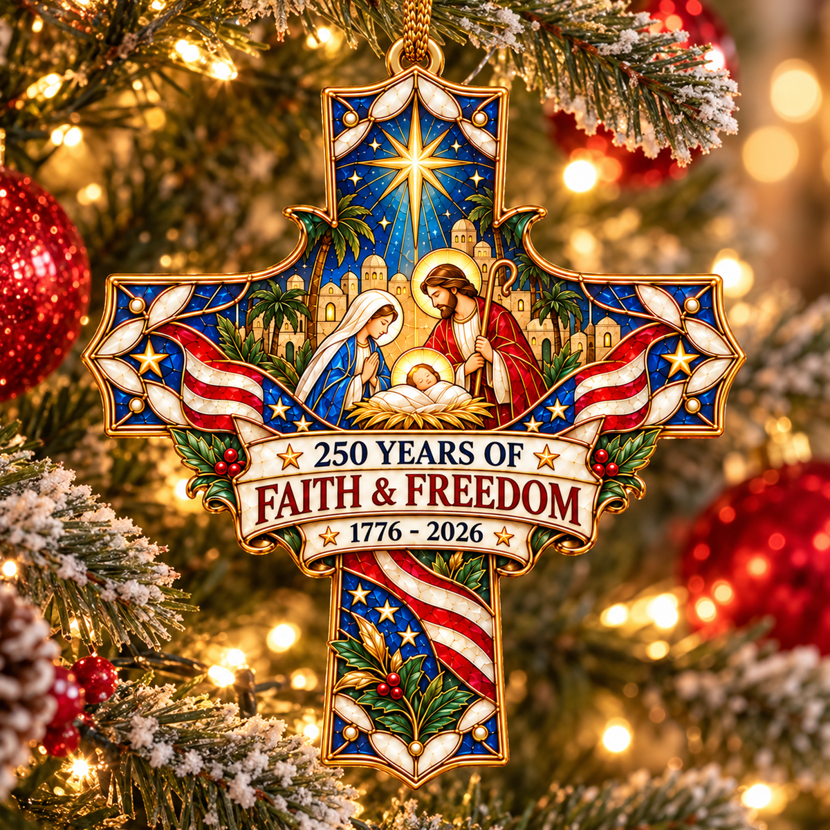 250 Years of Faith & Freedom Nativity Cross Ornament – 1776–2026 Christmas Keepsake